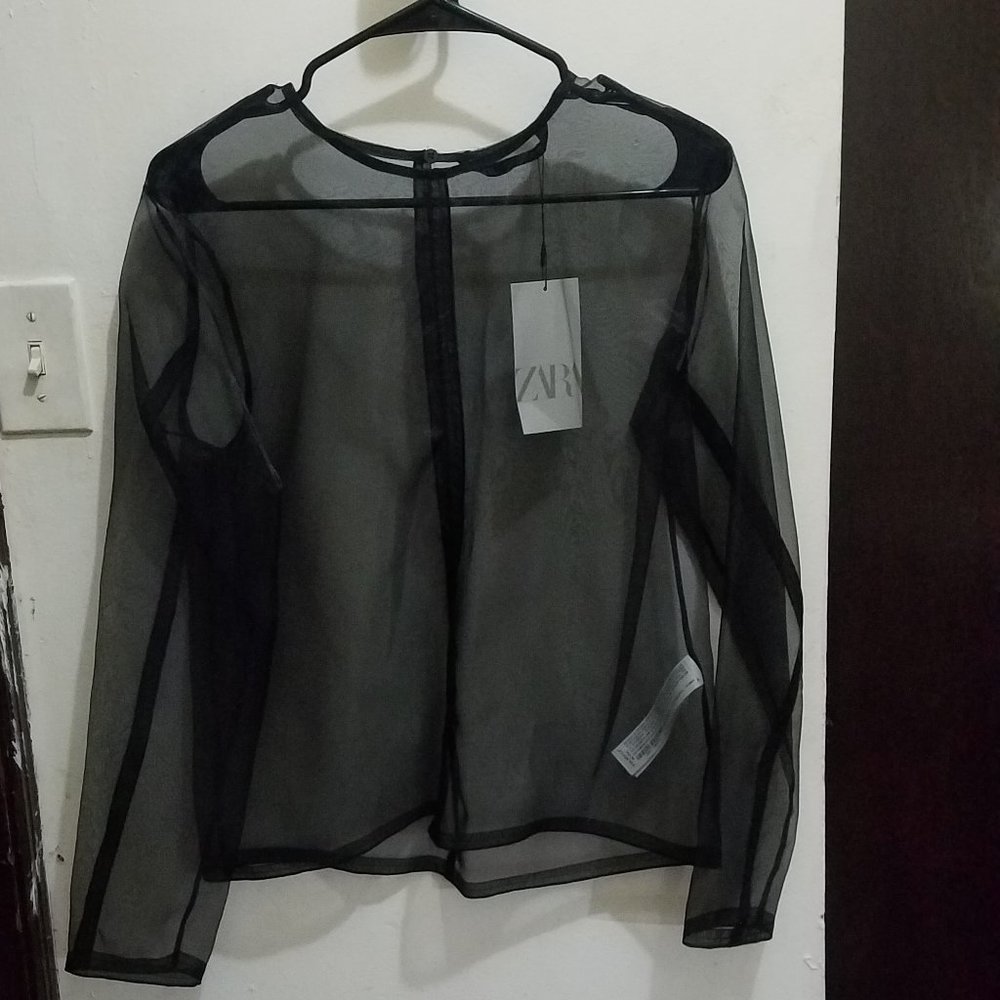 Zara Sheer Organza Black Top Small NWT